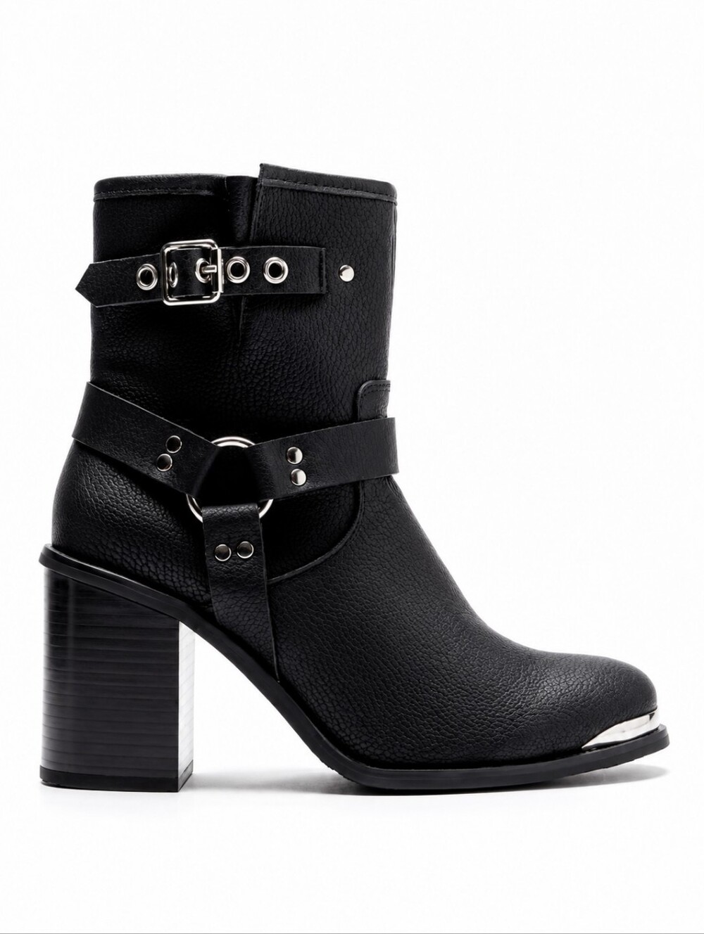 3" Heel MOTO BOOT Biker Glam Streetwear Silver Harness Black Boots WOMENS 6.5
